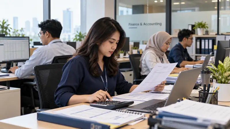Staf finance dan accounting memeriksa dokumen di kantor